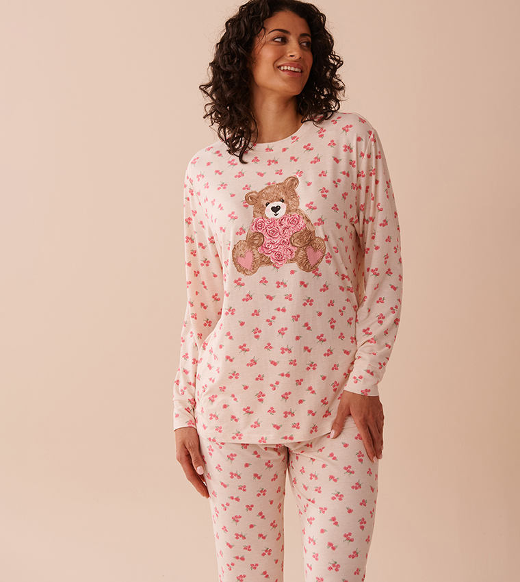 Teddy Bear and Rose Print Super Soft Long Sleeves T-Shirt