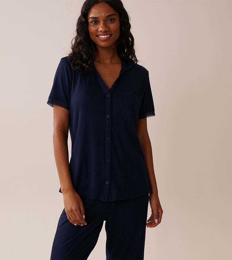 Lace Trim Ribbed Jersey Button-Down Sleep Shirt