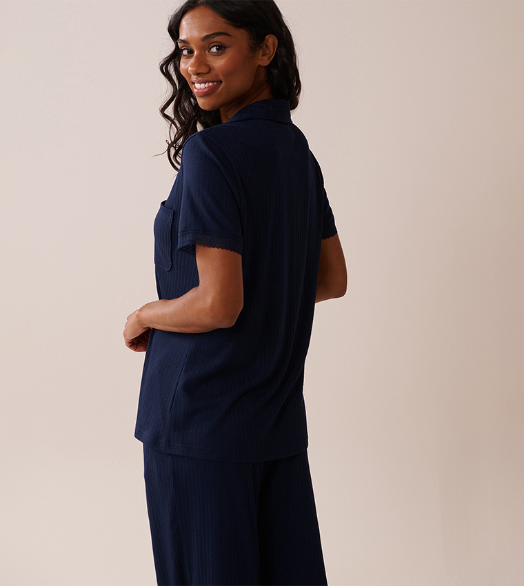 Lace Trim Ribbed Jersey Button-Down Sleep Shirt