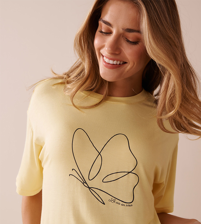 Butterfly Print Soft Jersey Drop Shoulder T-Shirt