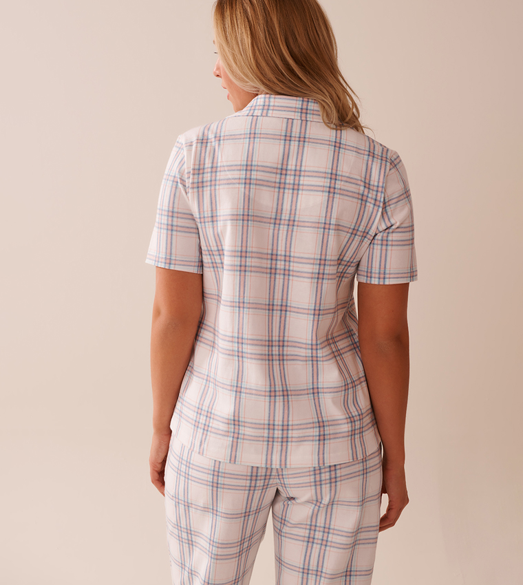 Peach Plaid Cotton Button-Down Sleep Shirt