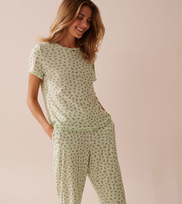 Ditsy Floral Print Lettuce Edge Pointelle Sleep T-Shirt