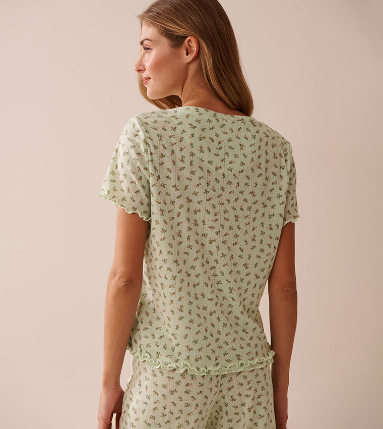 Ditsy Floral Print Lettuce Edge Pointelle Sleep T-Shirt