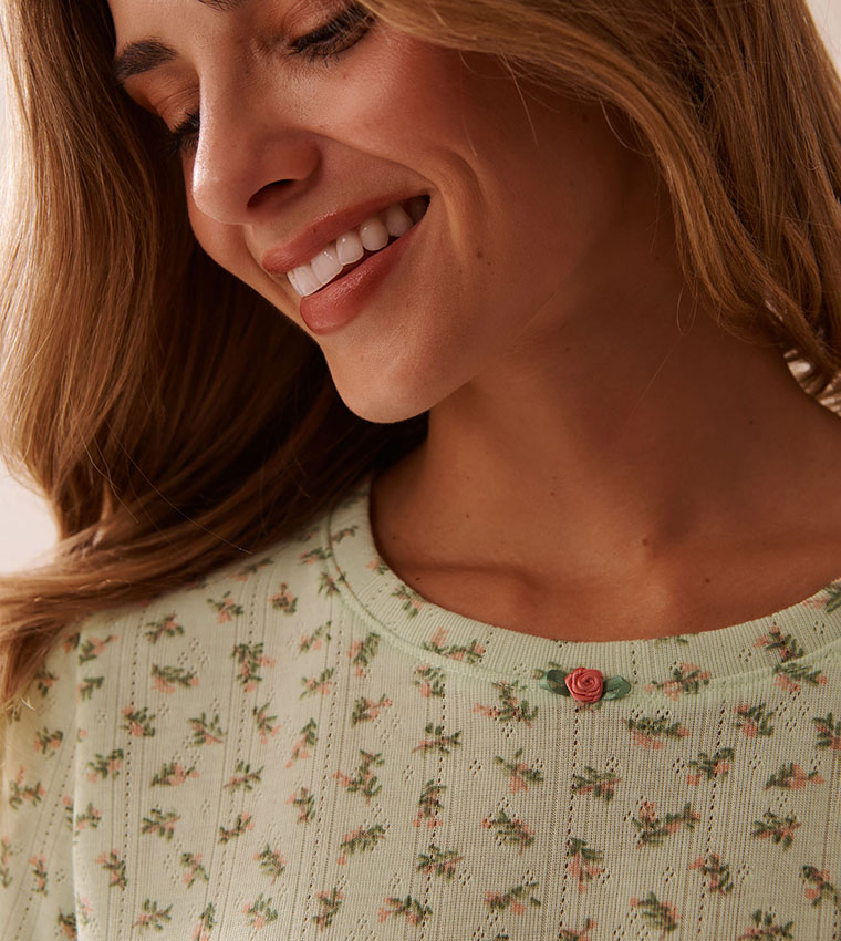 Ditsy Floral Print Lettuce Edge Pointelle Sleep T-Shirt