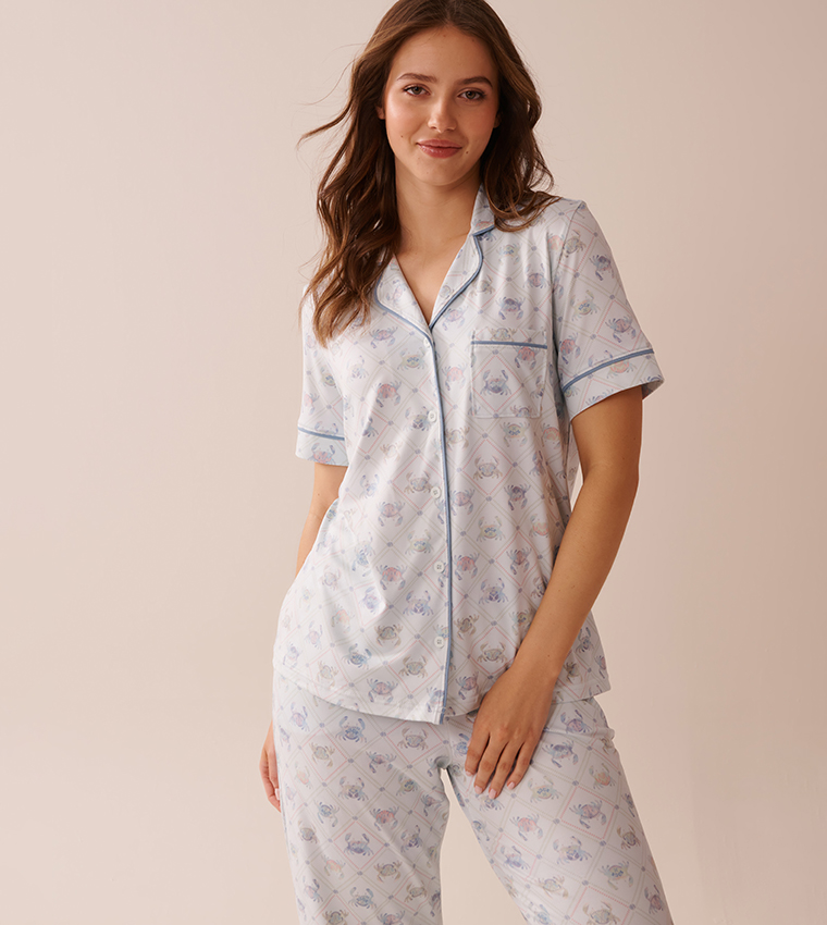 Crab Print Super Soft Short Sleeve Button-Down Sleep Shirt