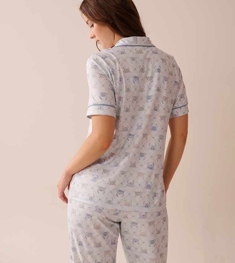 Crab Print Super Soft Short Sleeve Button-Down Sleep Shirt