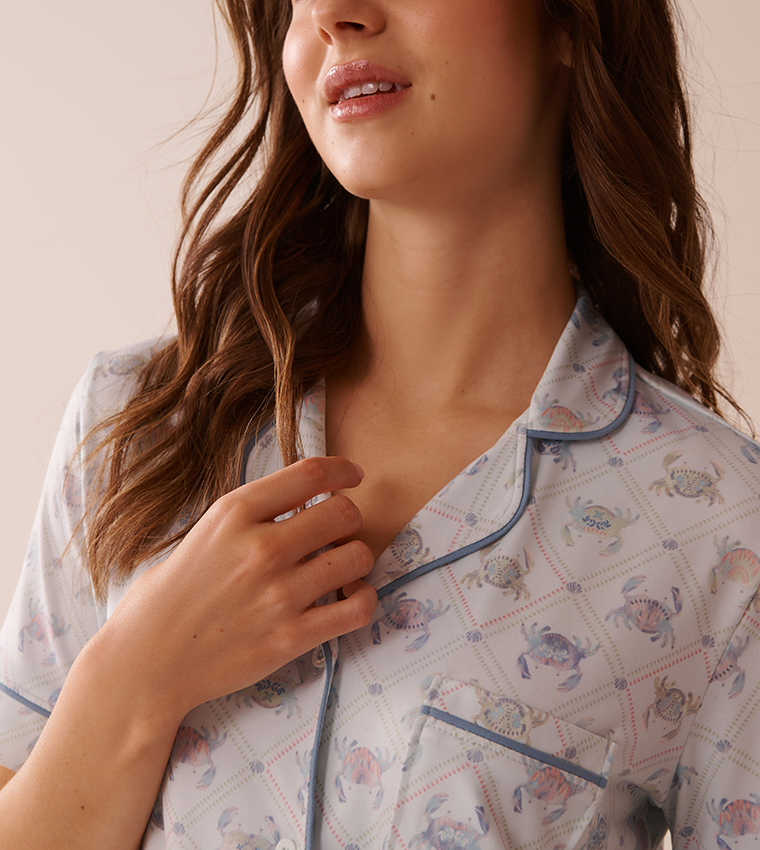 Crab Print Super Soft Short Sleeve Button-Down Sleep Shirt