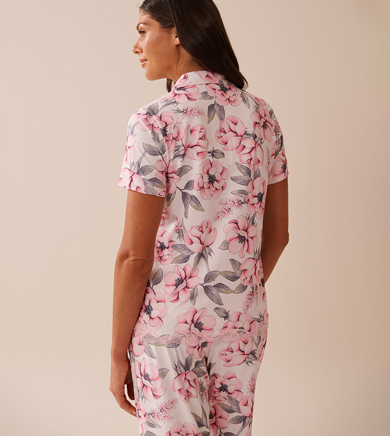 Camellia Print Lace Trim Super Soft Button-Down Sleep Shirt