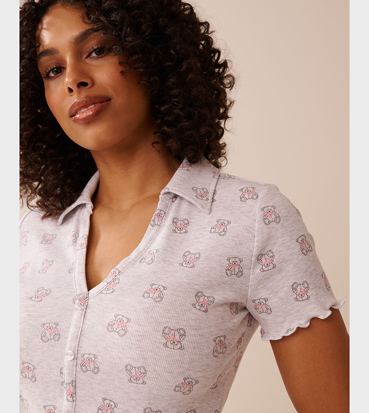 Teddy Bear Print Ribbed Short Sleeves Button-Down Sleep Shirt