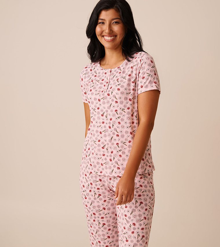 Pink Floral Print Ribbed Jersey Sleep T-Shirt