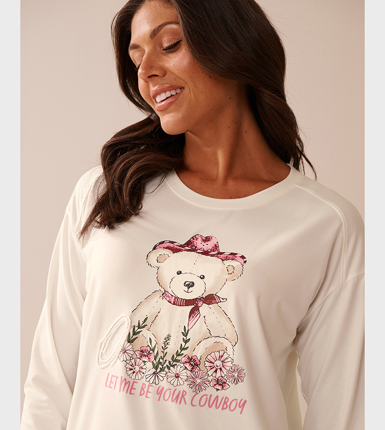 Cowboy Teddy Bear Print Super Soft Long Sleeves Sleep Top