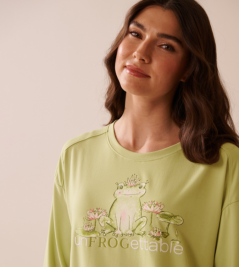 Frog Print Super Soft Long Sleeves Sleep Top