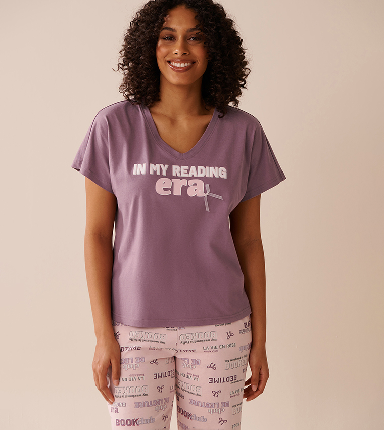 Reading Era Print Cotton V-Neck Sleep T-Shirt