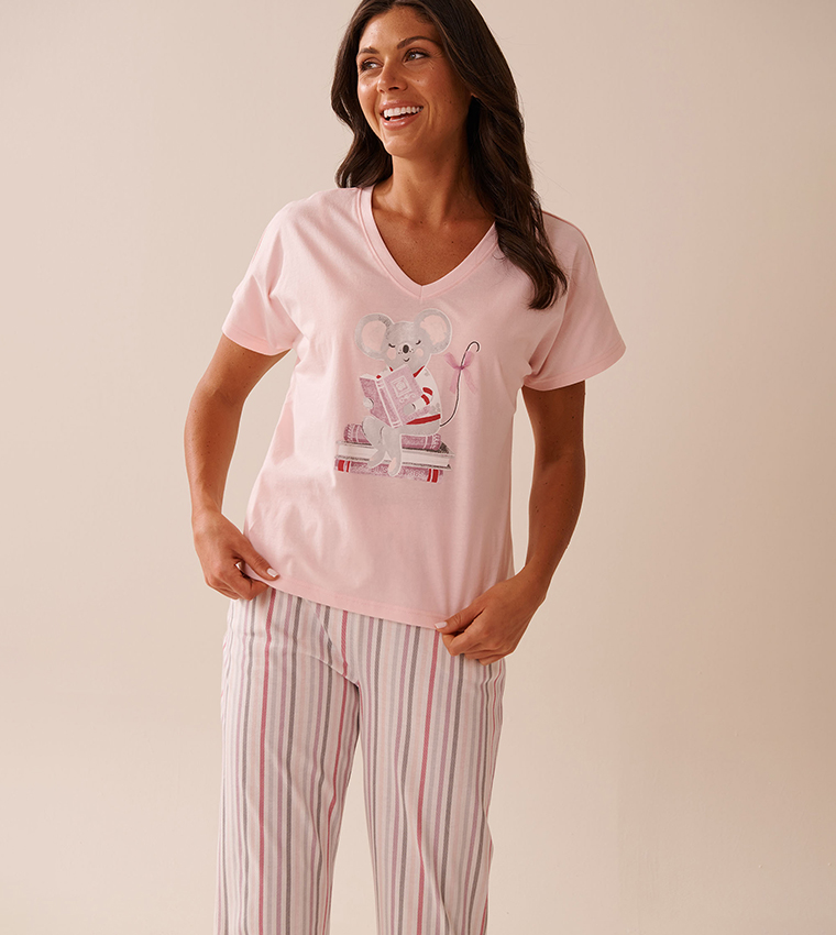 Mouse Print Cotton V-Neck Sleep T-Shirt
