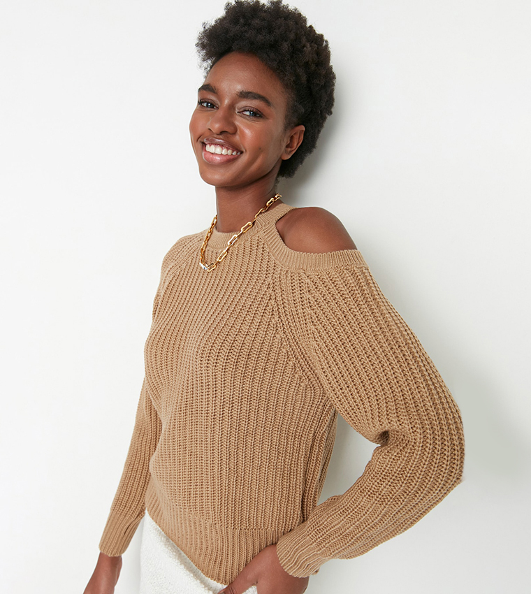 Buy Trendyol Rib Knit Cold Shoulder Sweater In Brown 6thStreet