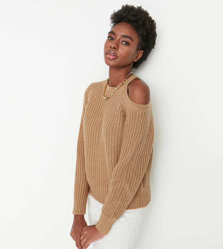 Buy Trendyol Rib Knit Cold Shoulder Sweater In Brown 6thStreet