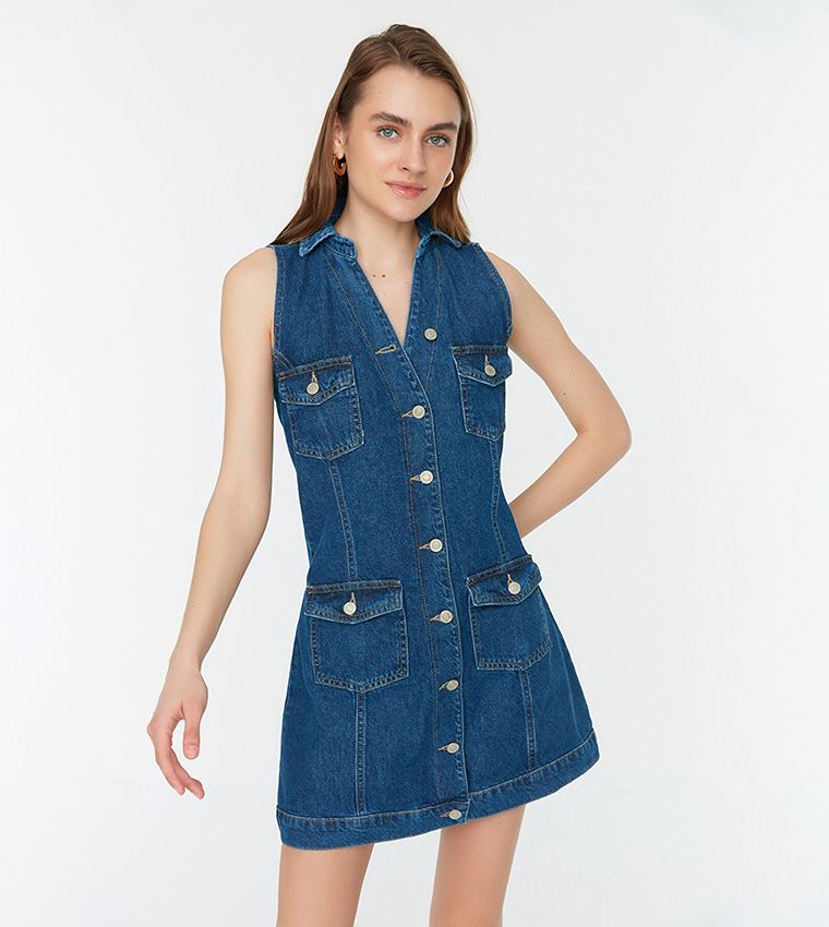 Buy Trendyol A Line Mini Denim Dress In Blue 6thStreet Kuwait