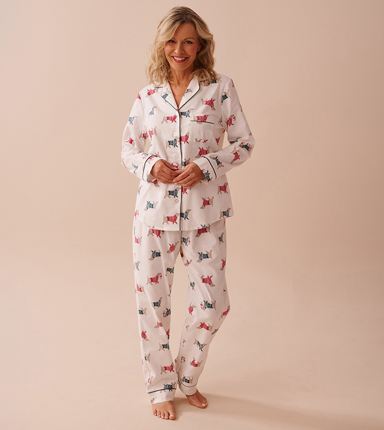 Buy La Vie En Rose Dachshund Print Flannel Pajama Set In White 6thStreet Oman