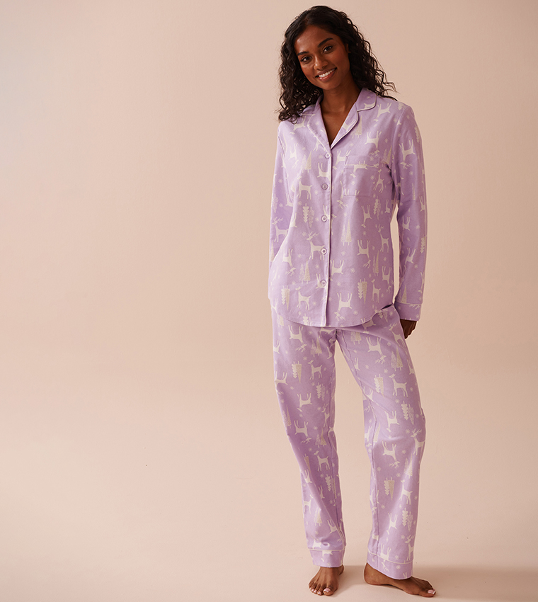 Buy La Vie En Rose Deer Print Flannel Pajama Set In Purple
