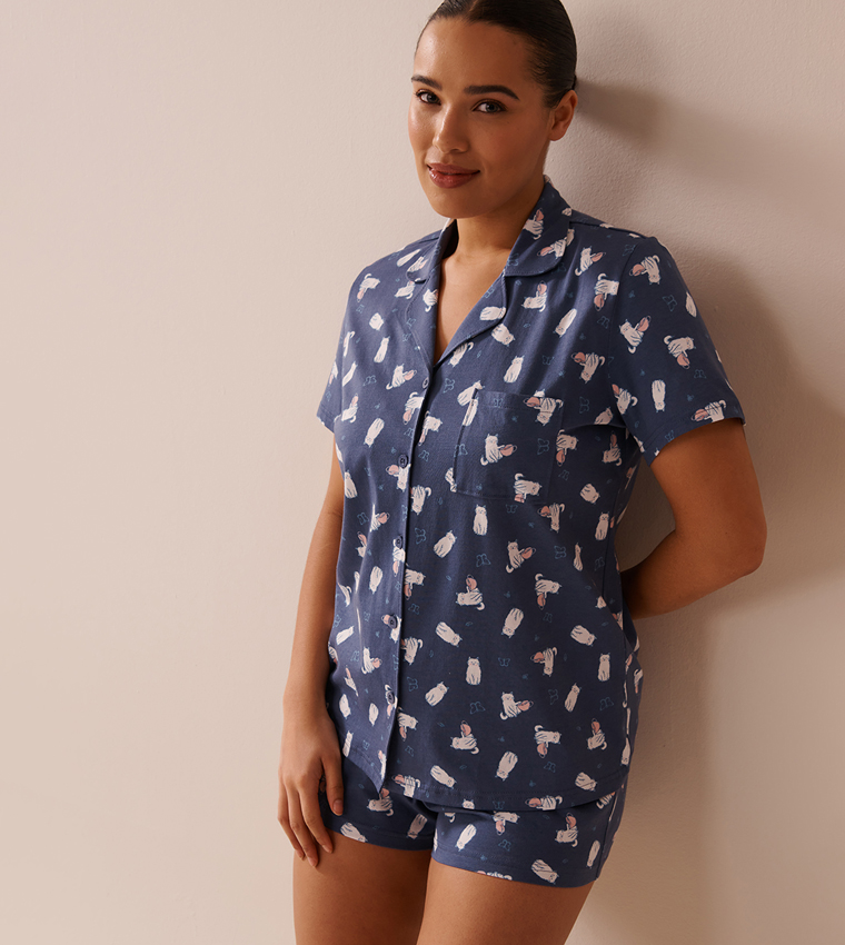 Cat Print Shirt Pyjama Set