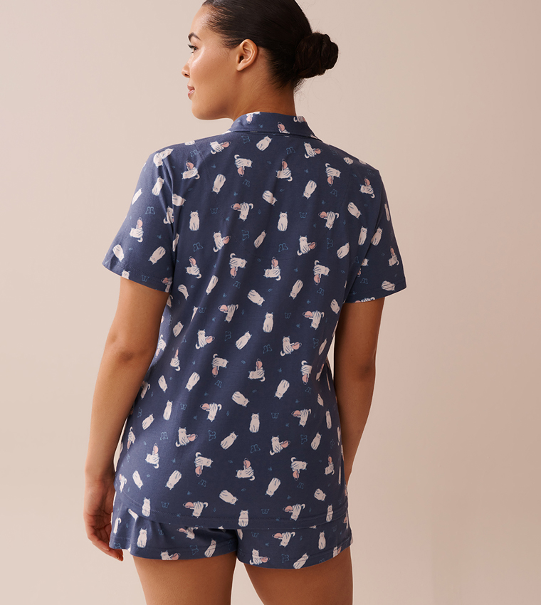 Cat Print Shirt Pyjama Set