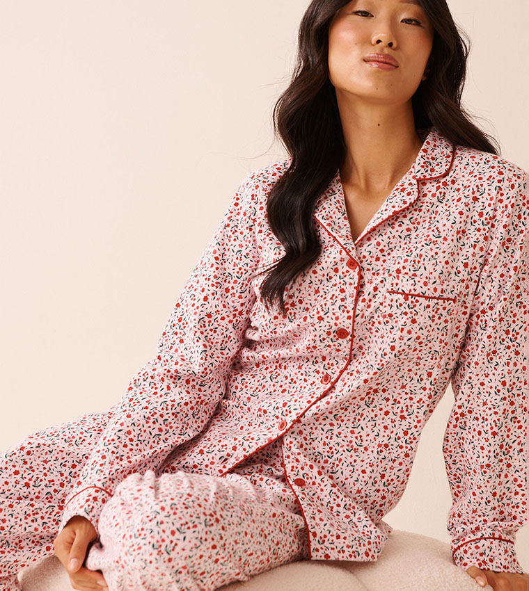 Red Floral Print Flannel Pajama Set