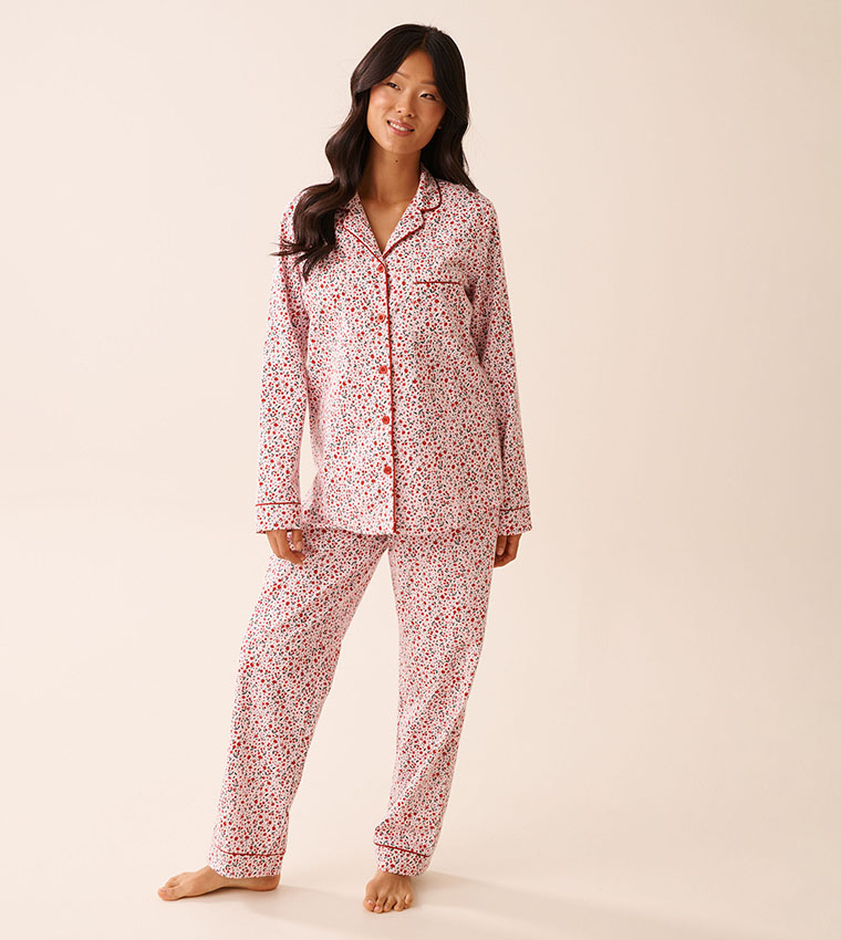 Red Floral Print Flannel Pajama Set