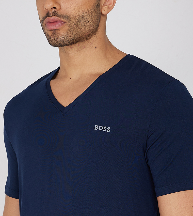 Buy Boss Logo Printed V Neck Casual T Shirt In Blue 6thStreet Bahrain