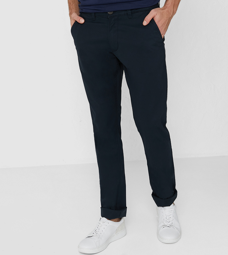 Slim Fit Slant Pocket Flat Front-Navy