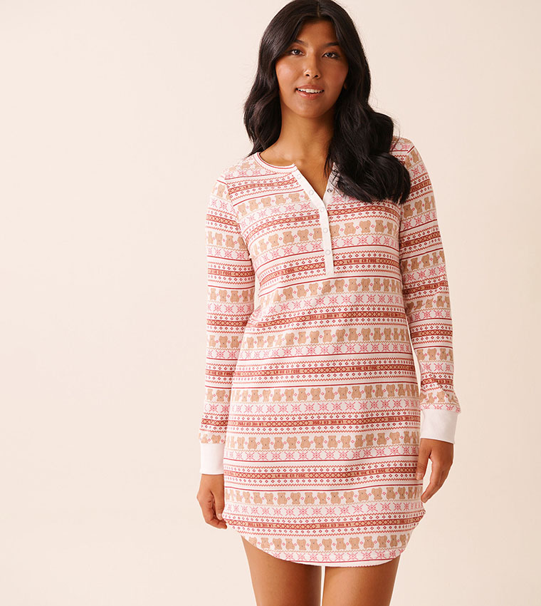 Teddy Bear Print Waffle Knit Long Sleeves Sleep Top