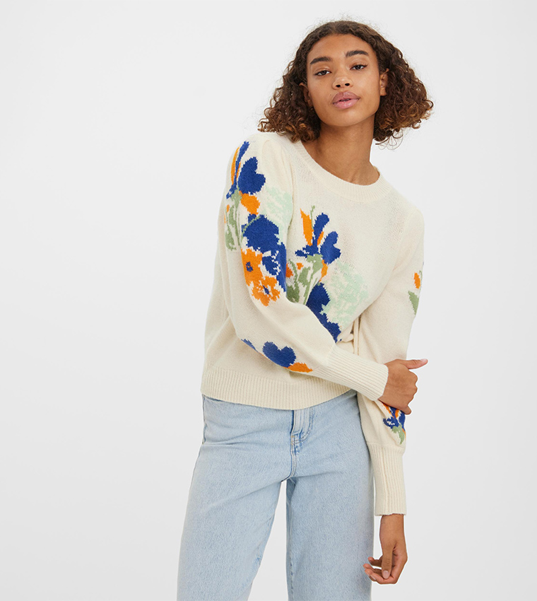 Buy Vero Moda VMFOILAGE Long Sleeves Floral Embroidered Sweater In Off White 6thStreet Kuwait