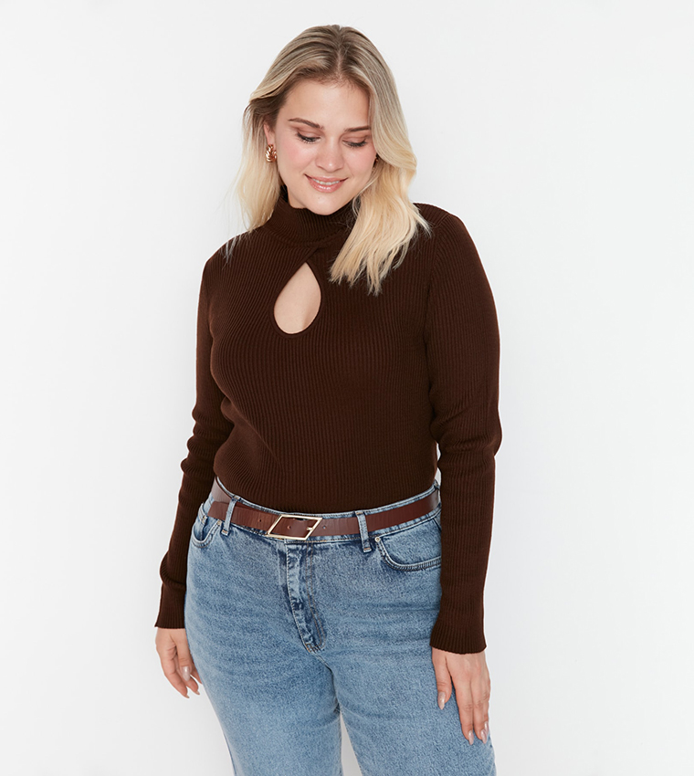 Buy Trendyol Keyhole Neck Knitwear Sweater In Brown 6thStreet Bahrain