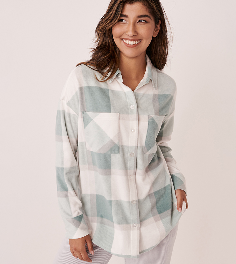 Buy La Vie En Rose Micropolar Plaid Overshirt Pajama Set In Blue