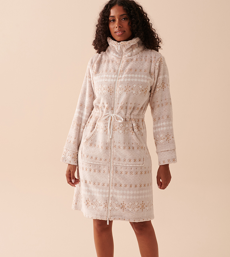 Buy La Vie En Rose Soft Plush Funnel Neck Robe In Beige | 6thStreet UAE