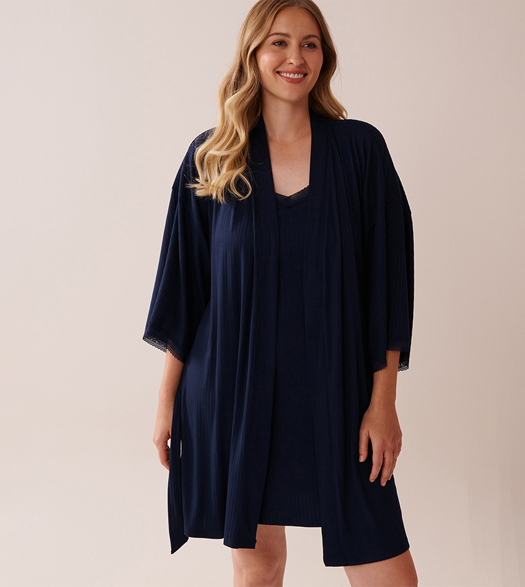Lace Trim Ribbed Jersey Kimono
