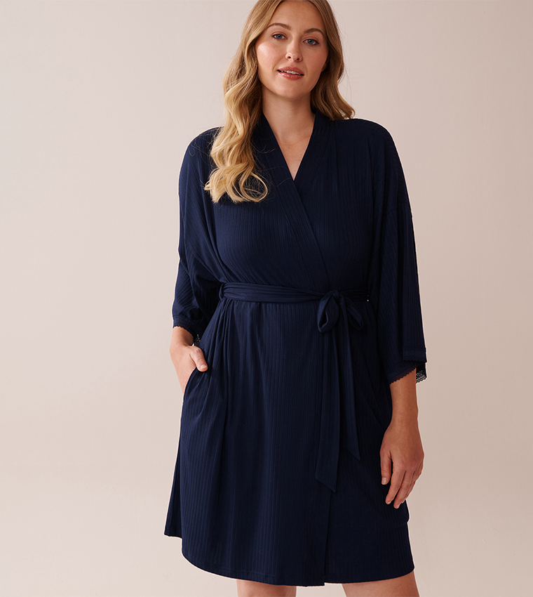 Lace Trim Ribbed Jersey Kimono
