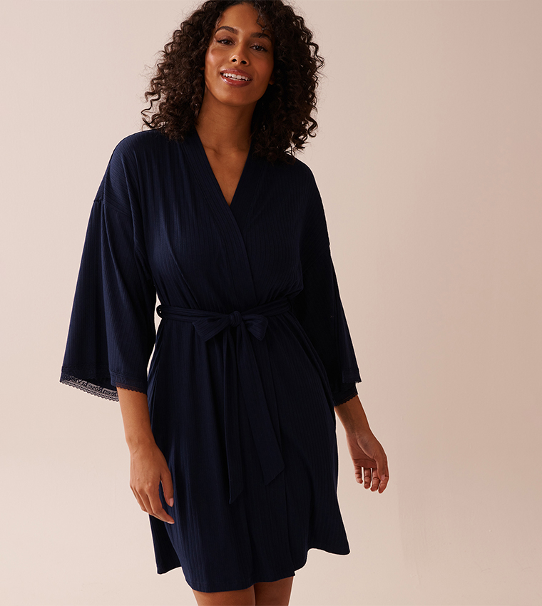 Lace Trim Ribbed Jersey Kimono