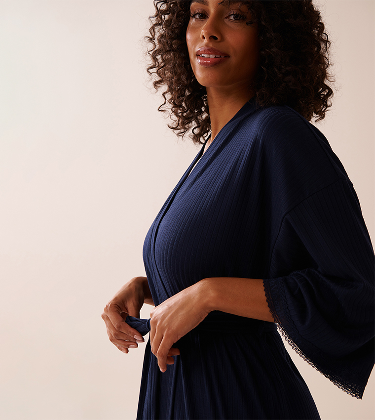 Lace Trim Ribbed Jersey Kimono