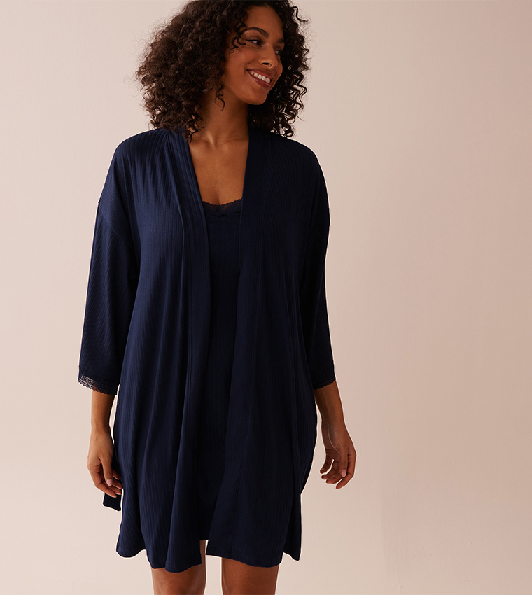 Lace Trim Ribbed Jersey Kimono
