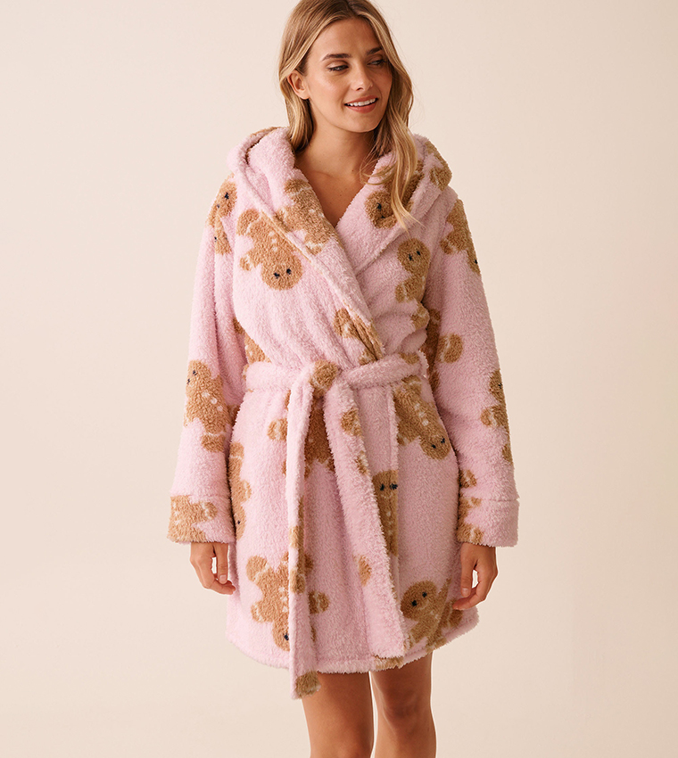 ALASKA Gingerbread Print Soft Plush Hooded Robe