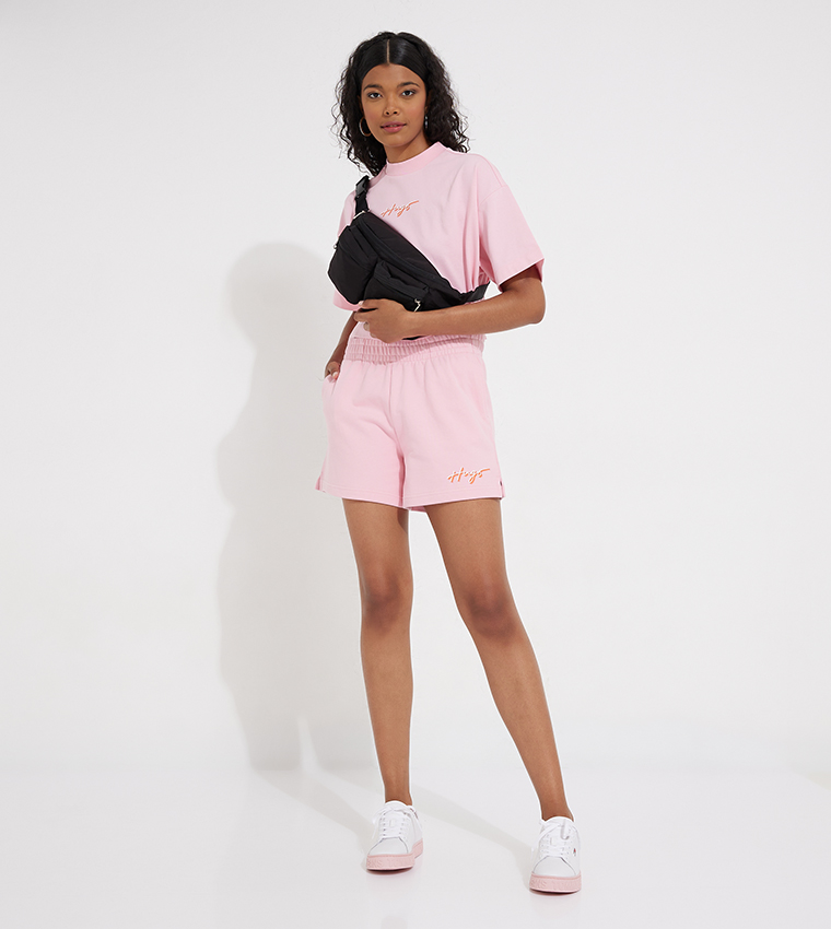 Nashari Logo Printed Elastic Waist Shorts