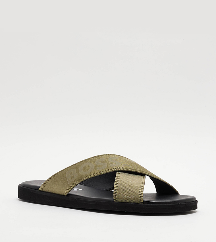 Buy Boss Cross Strap Slides With Tonal Branding In Green 6thStreet Bahrain