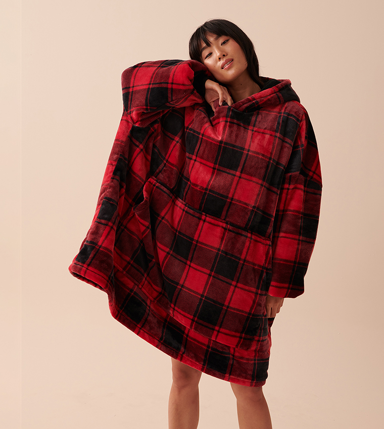Buy La Vie En Rose Buffalo Plaid Soft Plush Oversized Hooded Nightdress