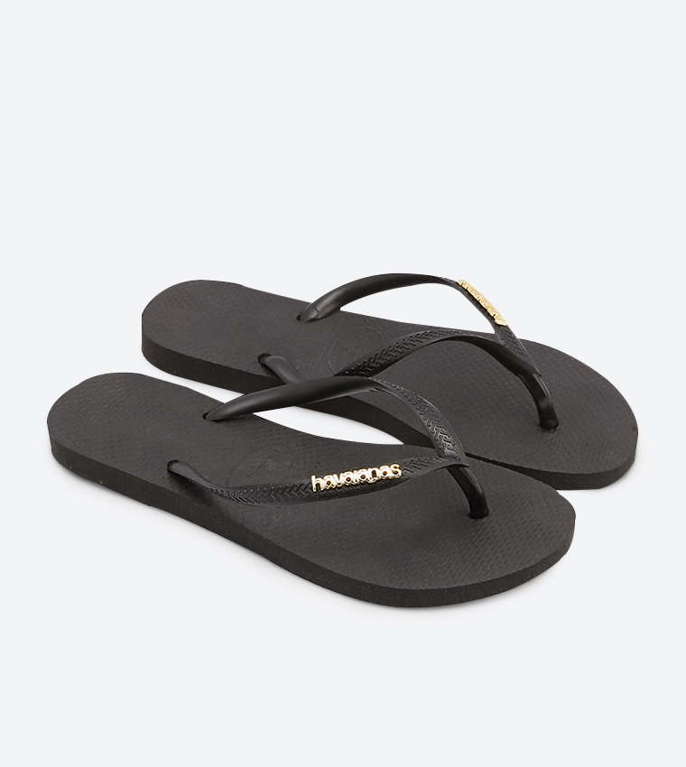 Buy Havaianas Slim Logo Metallic Detail Flip Flops In Black