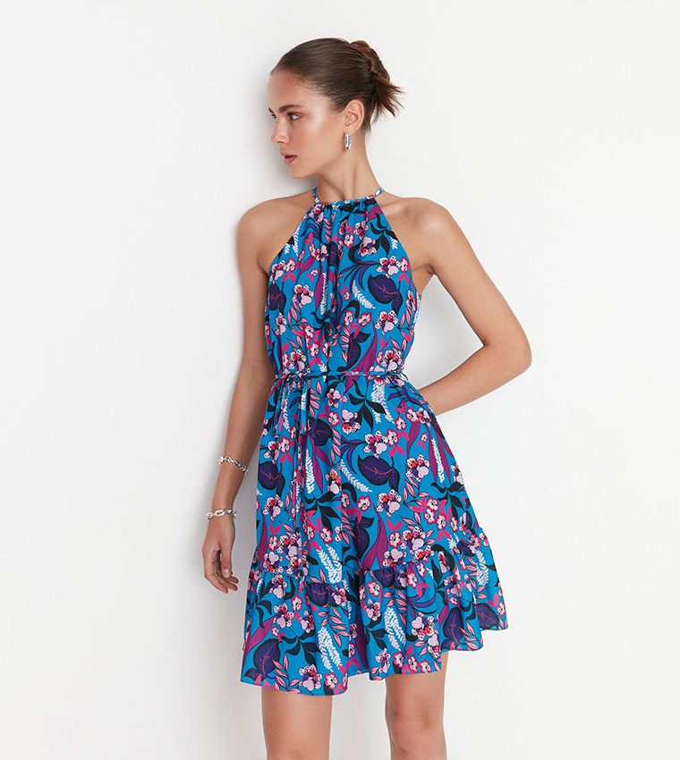 Printed Belted Halter Neck Dress
