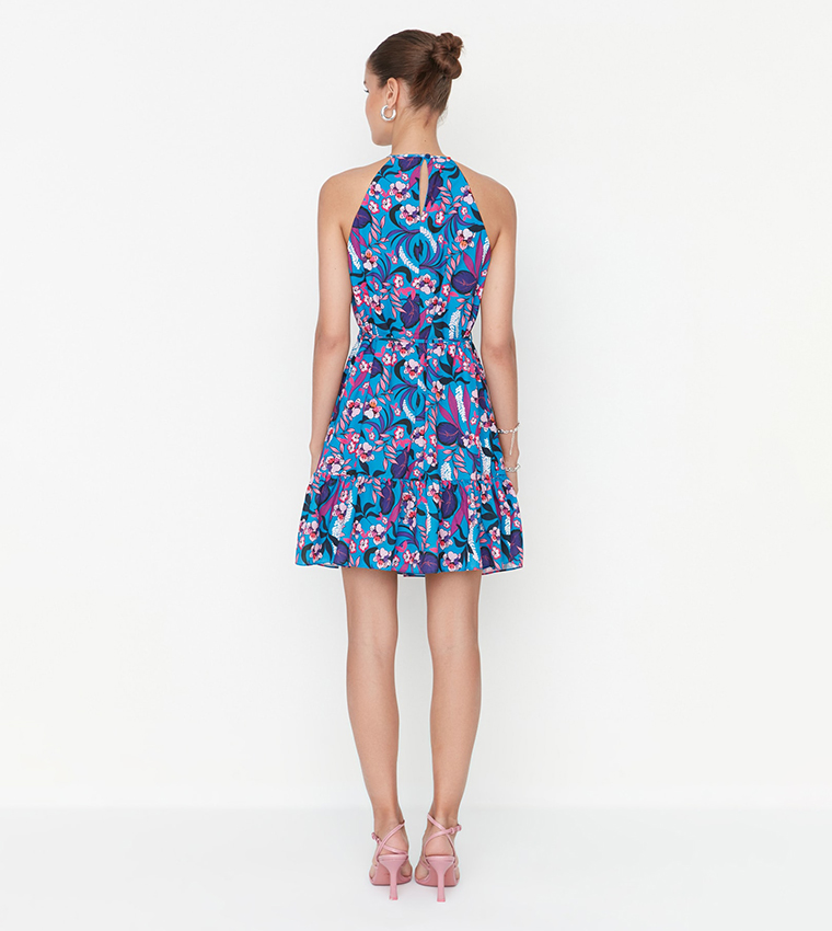 Printed Belted Halter Neck Dress