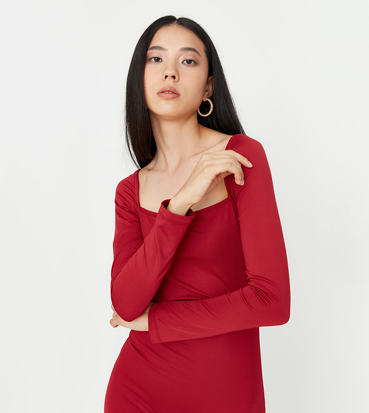 Maroon long sleeve bodycon dress best sale