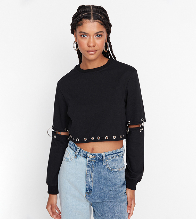 Eyelet lace up outlet sleeve crop sweatshirt