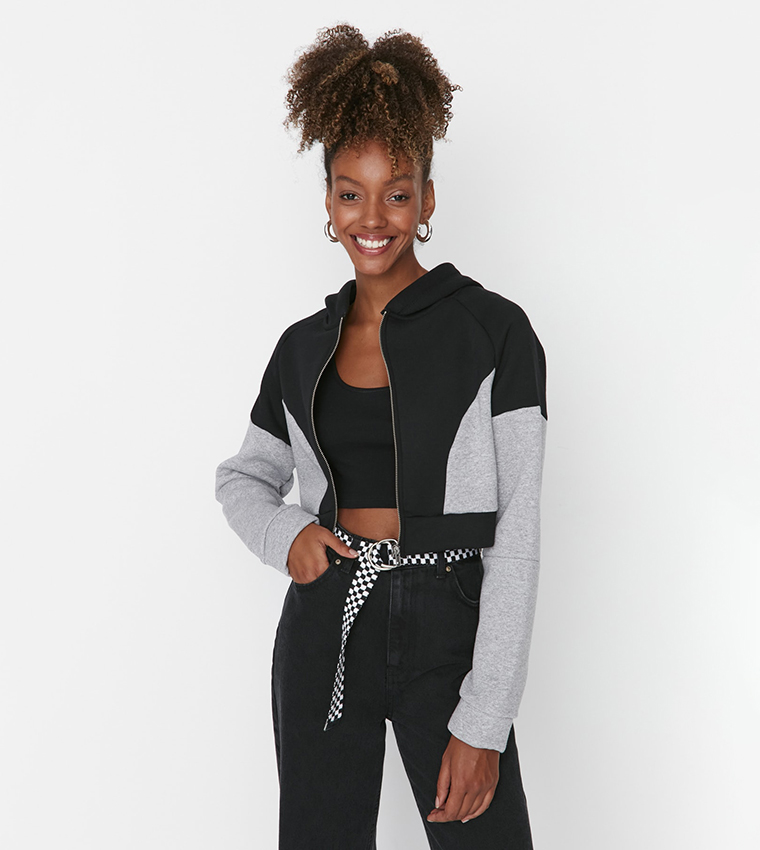 Color block crop hoodie best sale