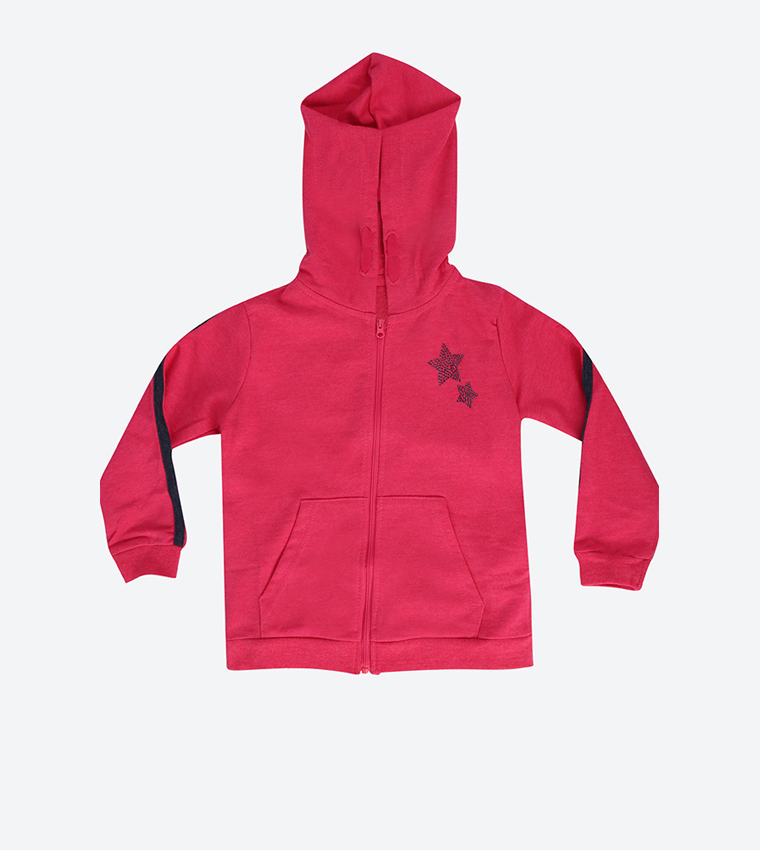 Pink Ribbed Long Sleeve Hooded Sweatshirt 